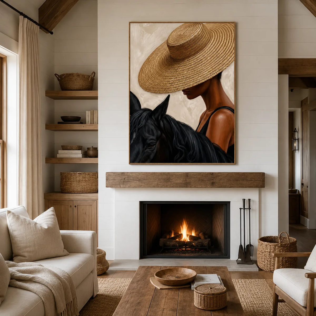 Straw Hat Horsewoman Wall Art styled interior scene 4 | Olyrel
