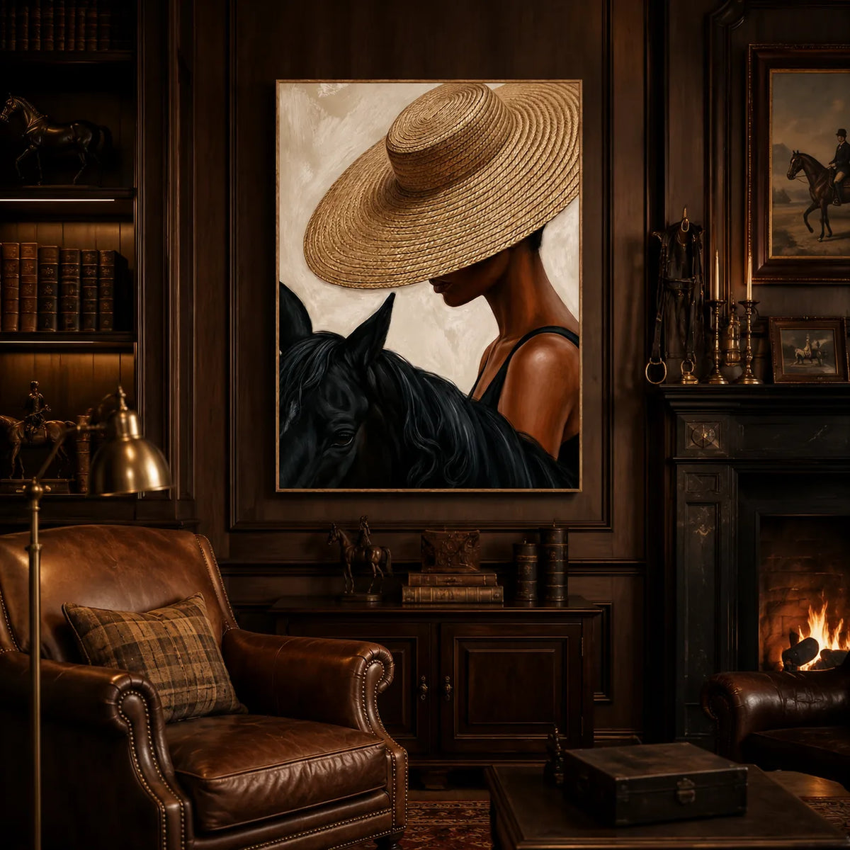 Straw Hat Horsewoman Wall Art styled interior scene 5 | Olyrel
