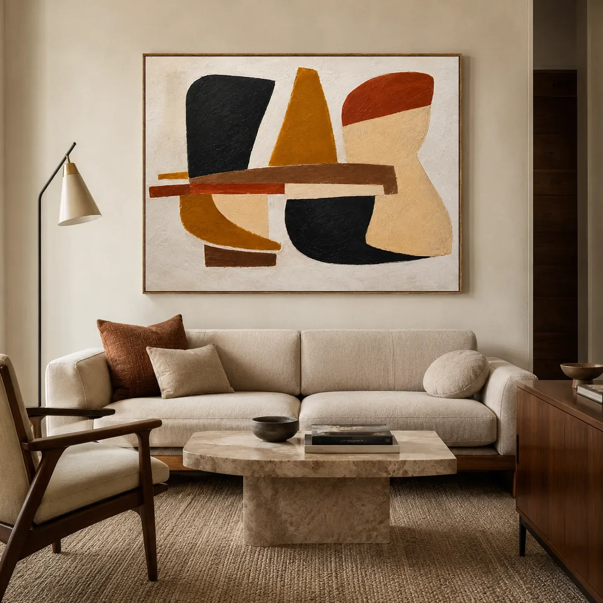 Ochre Balance Abstract Wall Art styled interior scene 1 | Olyrel