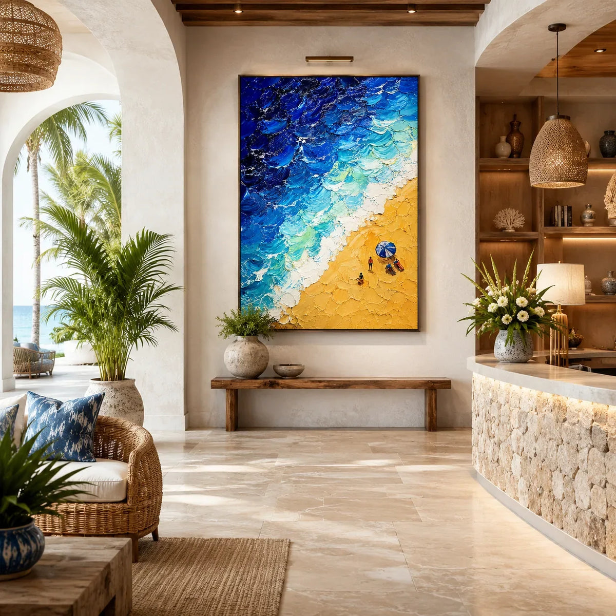 Beach Wave Ocean Wall Art shown in a calm bedroom setting | Olyrel