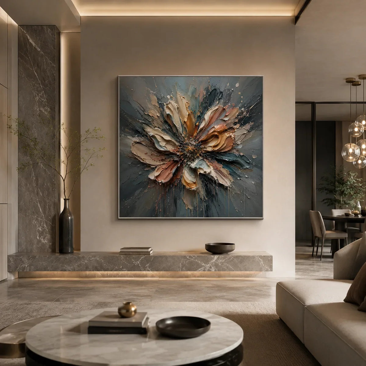 Silver Petal Floral Wall Art shown in a quiet home office | Olyrel