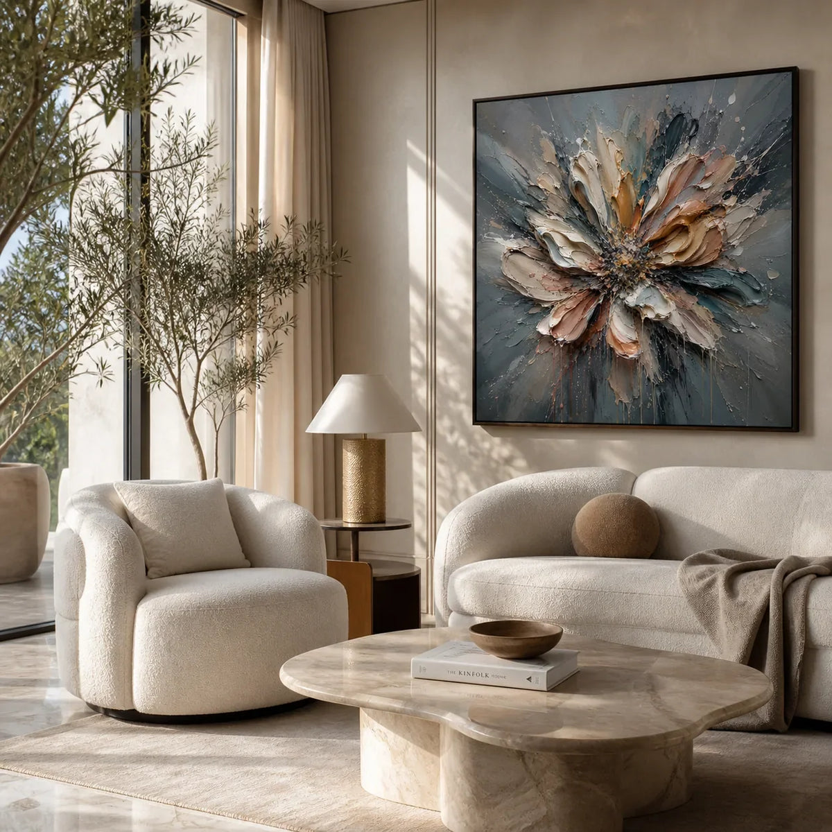 Silver Petal Floral Wall Art styled with minimal interior decor | Olyrel