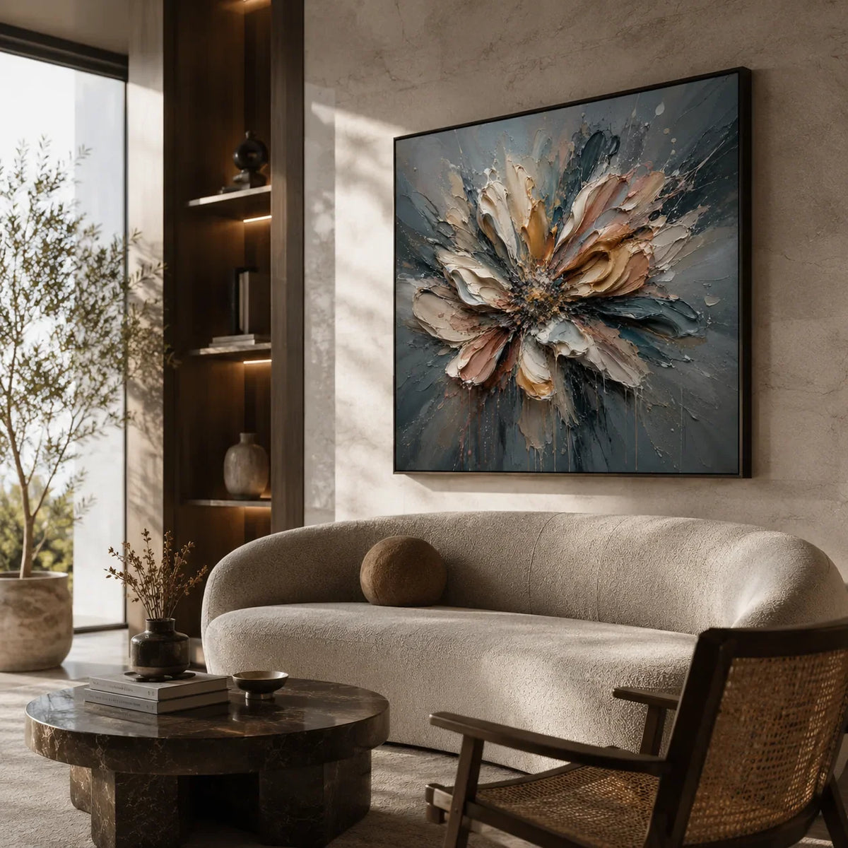 Silver Petal Floral Wall Art shown in a warm residential interior | Olyrel