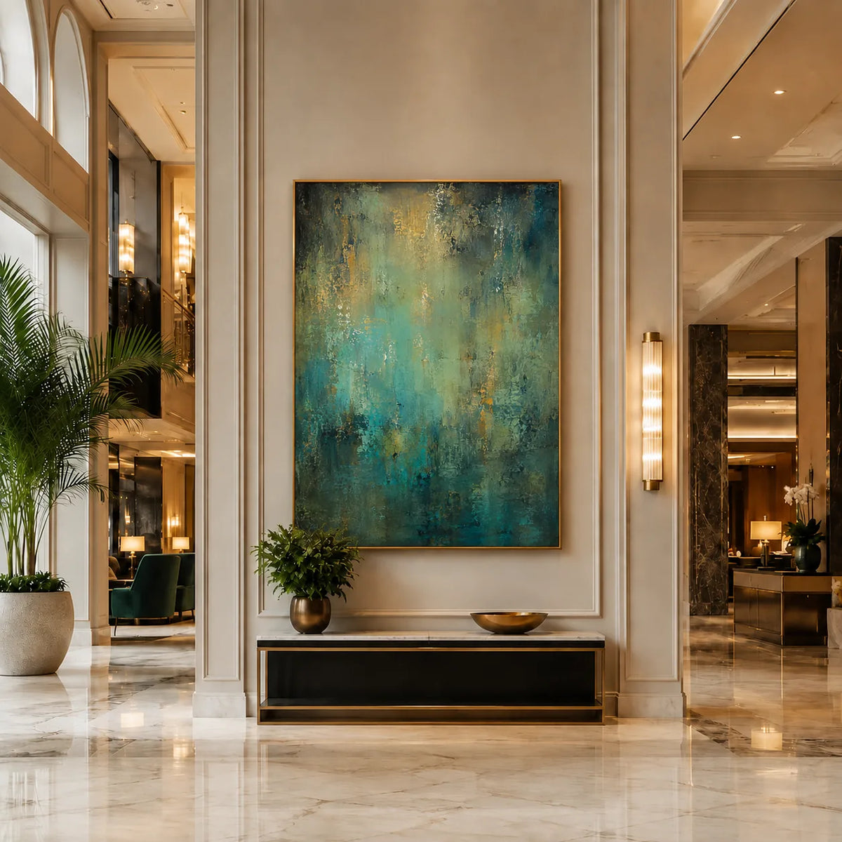 Aqua Patina Abstract Wall Art styled interior scene 4 | Olyrel