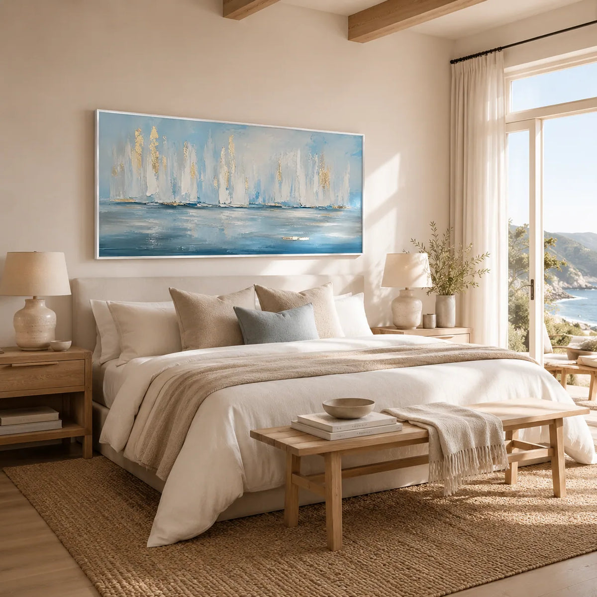 White Sails Ocean Wall Art displayed above a sofa in a neutral interior | Olyrel