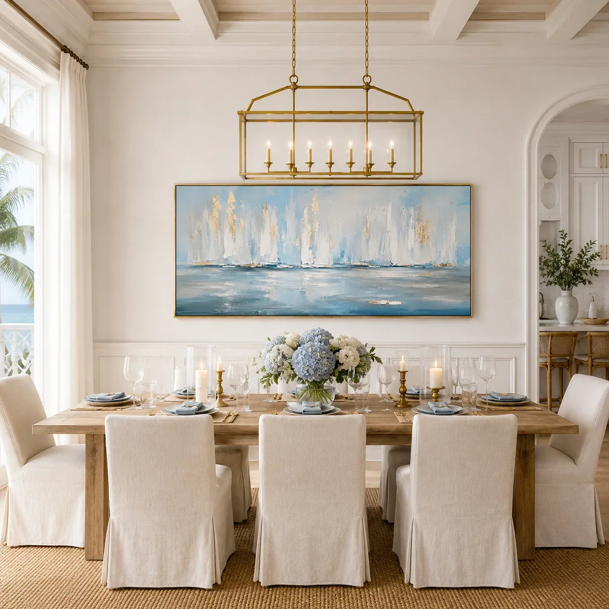 White Sails Ocean Wall Art displayed in a bright dining room | Olyrel