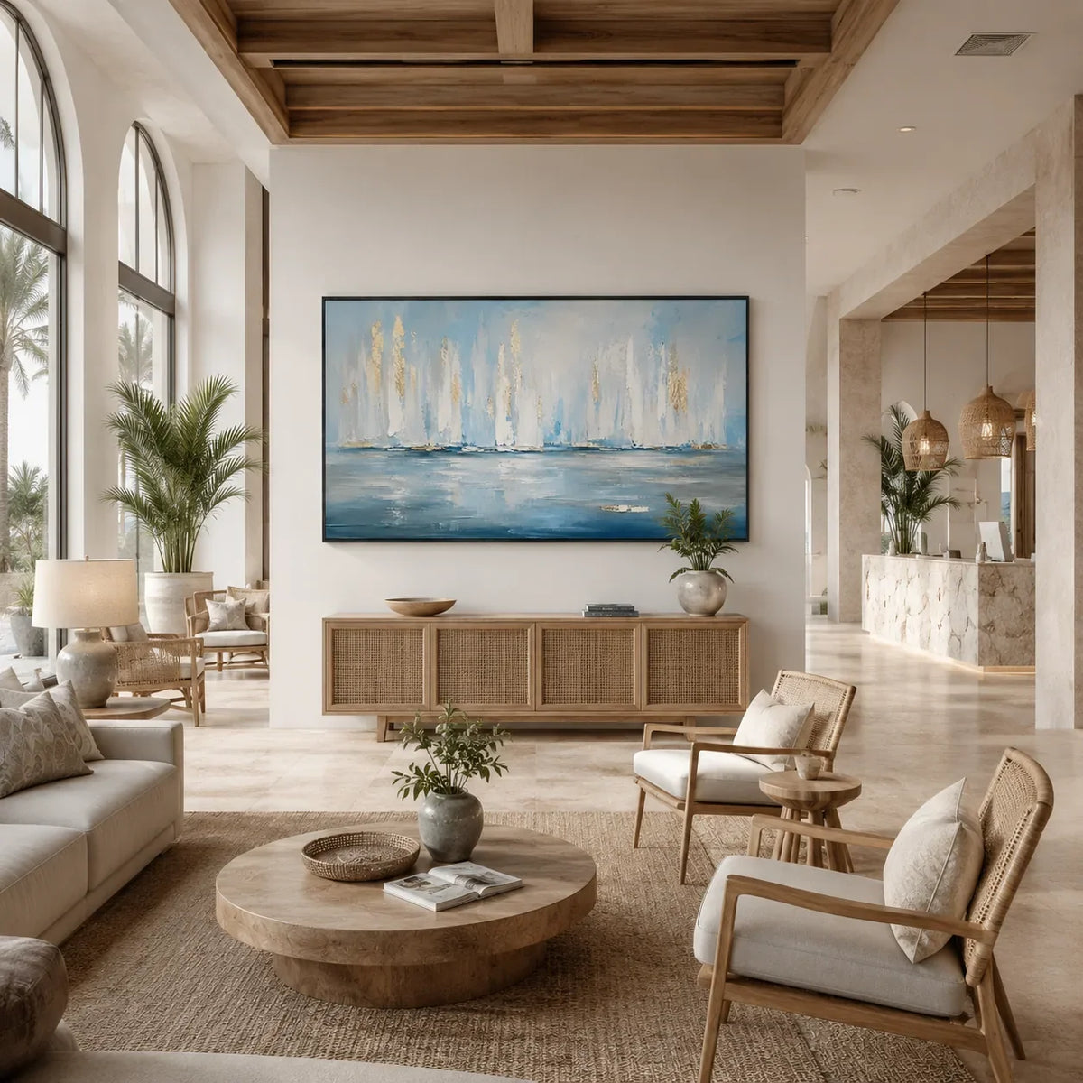 White Sails Ocean Wall Art shown in a quiet home office | Olyrel
