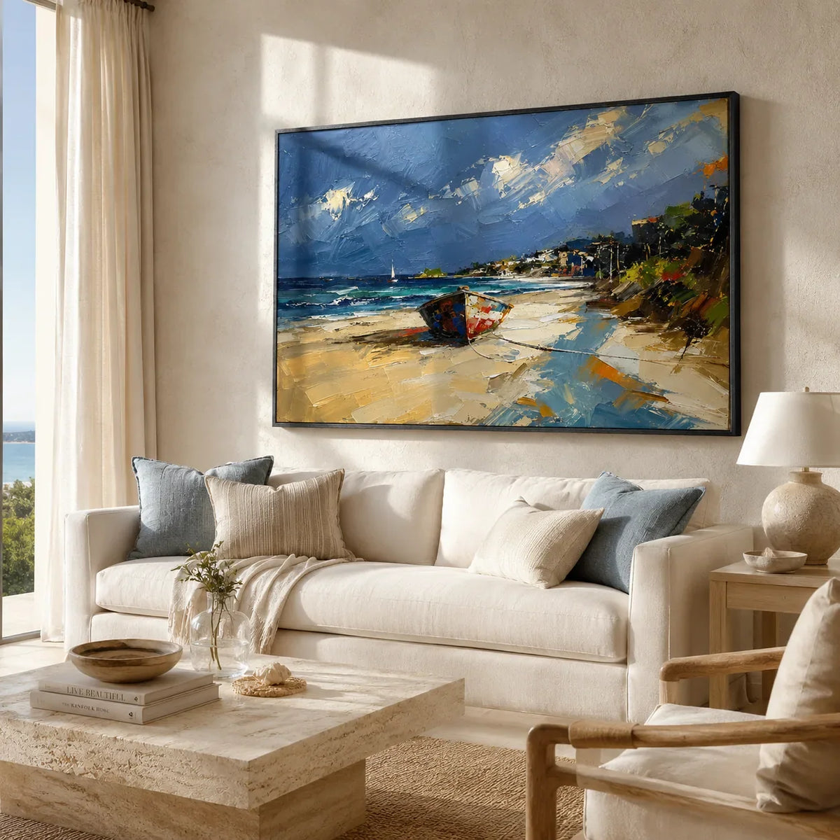 Coastal Path Ocean Wall Art styled in a modern living room | Olyrel