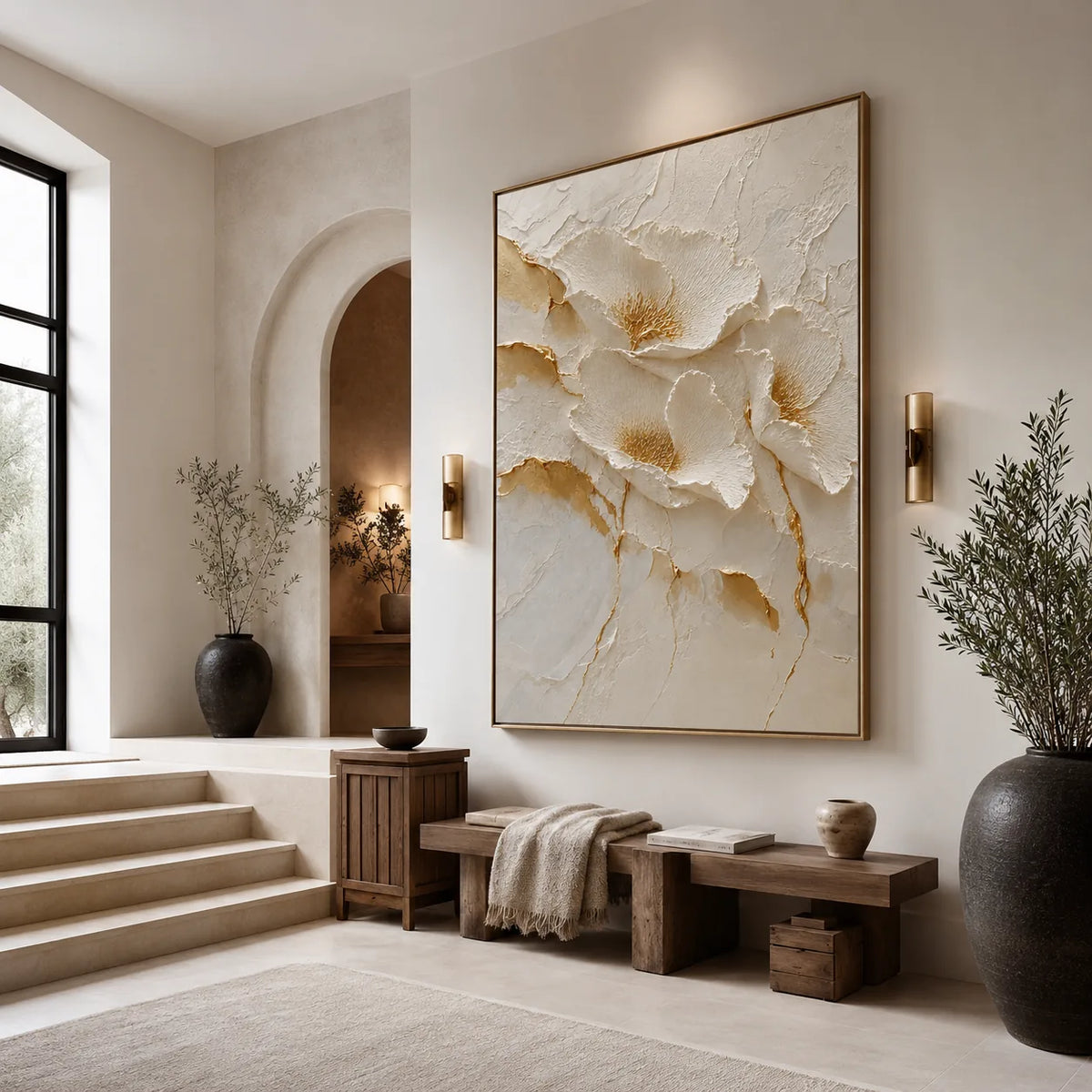 Ivory Poppies Relief Wall Art styled interior scene 2 | Olyrel