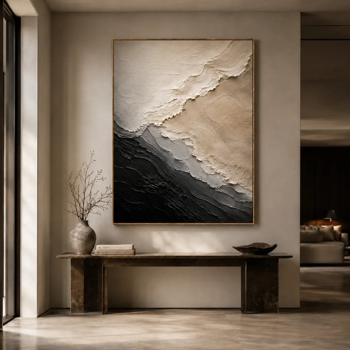 Monochrome Drift Textured Wall Art styled interior scene 5 | Olyrel