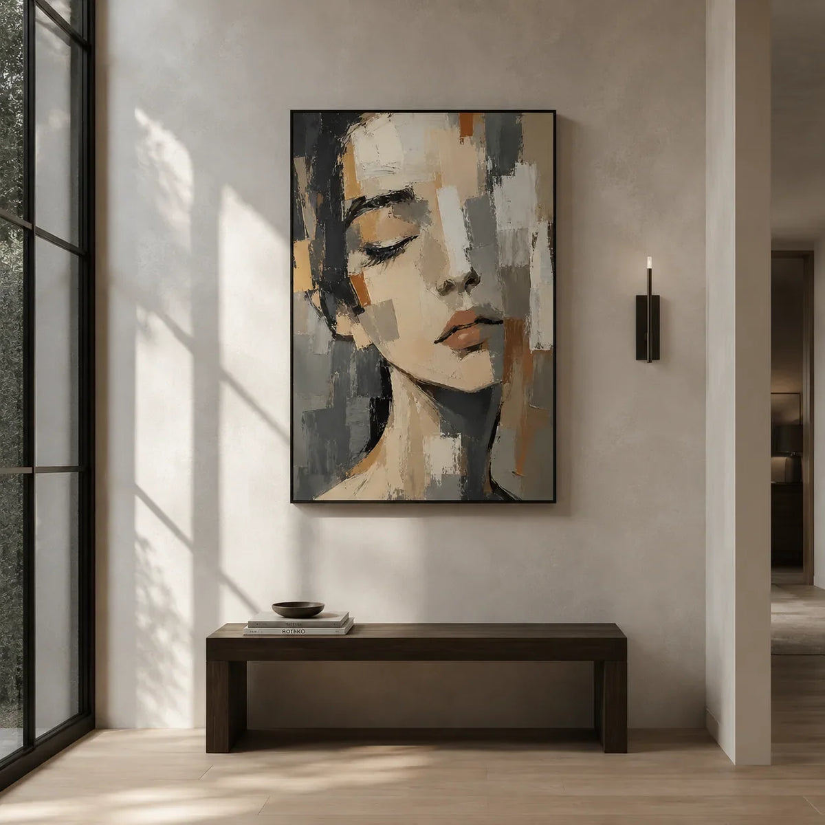 Soft Gaze Portrait Wall Art shown in a calm bedroom setting | Olyrel
