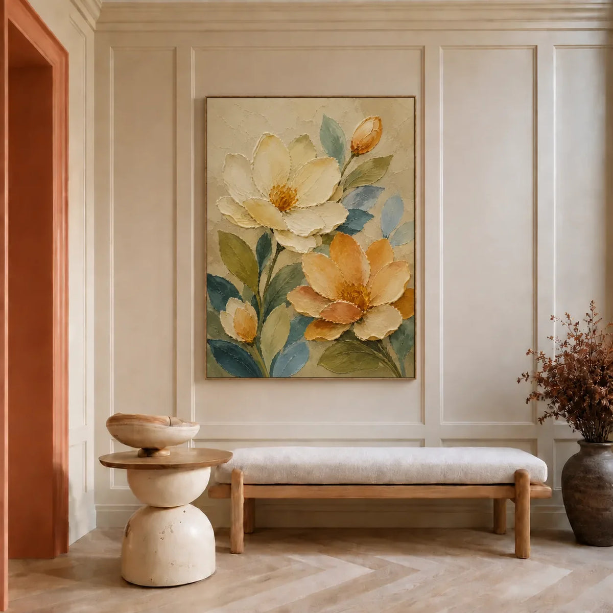 Apricot Bloom Floral Wall Art styled interior scene 2 | Olyrel