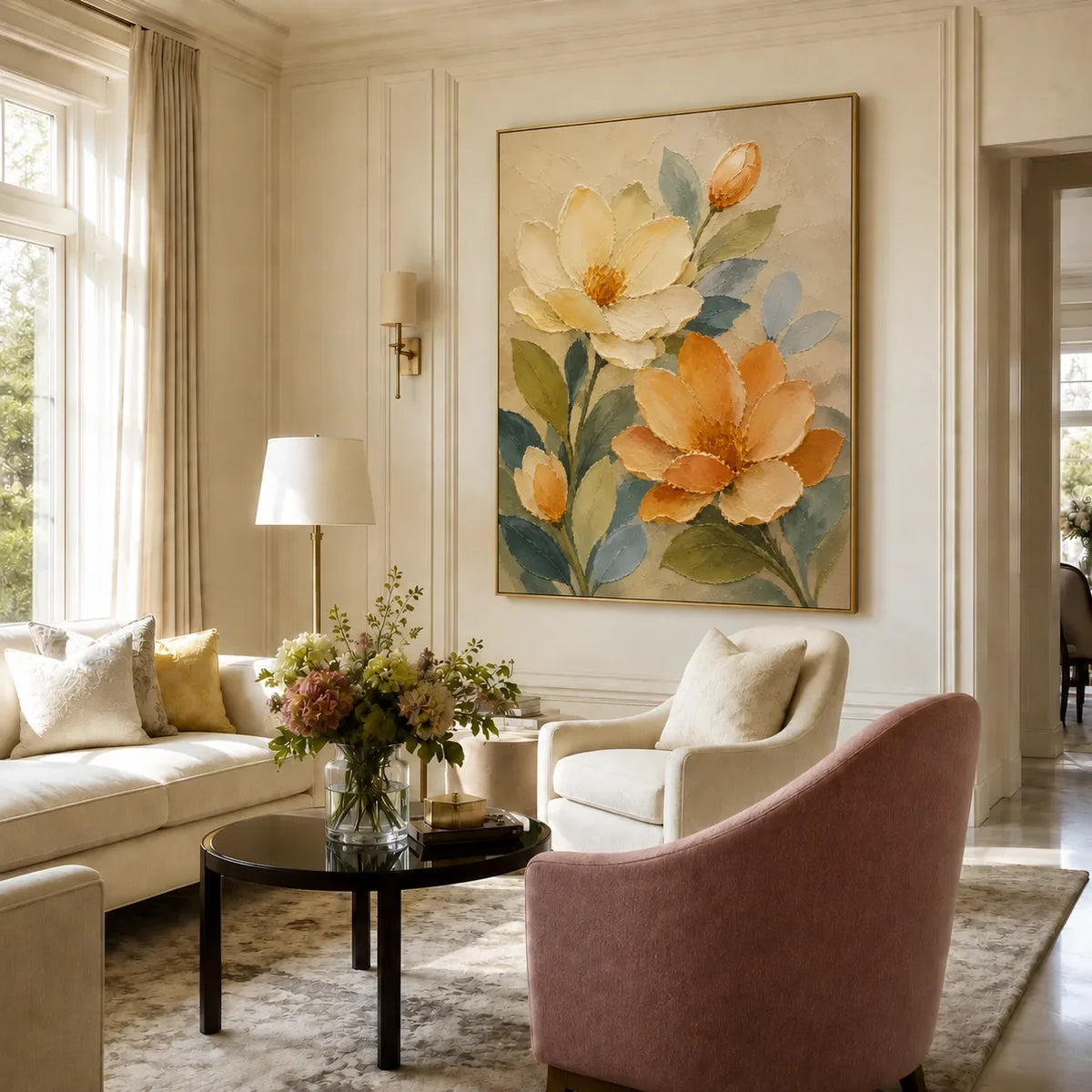 Apricot Bloom Floral Wall Art styled interior scene 3 | Olyrel