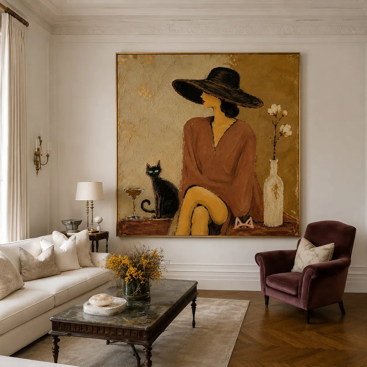 Burgundy Hat Figure Wall Art styled interior scene 2 | Olyrel