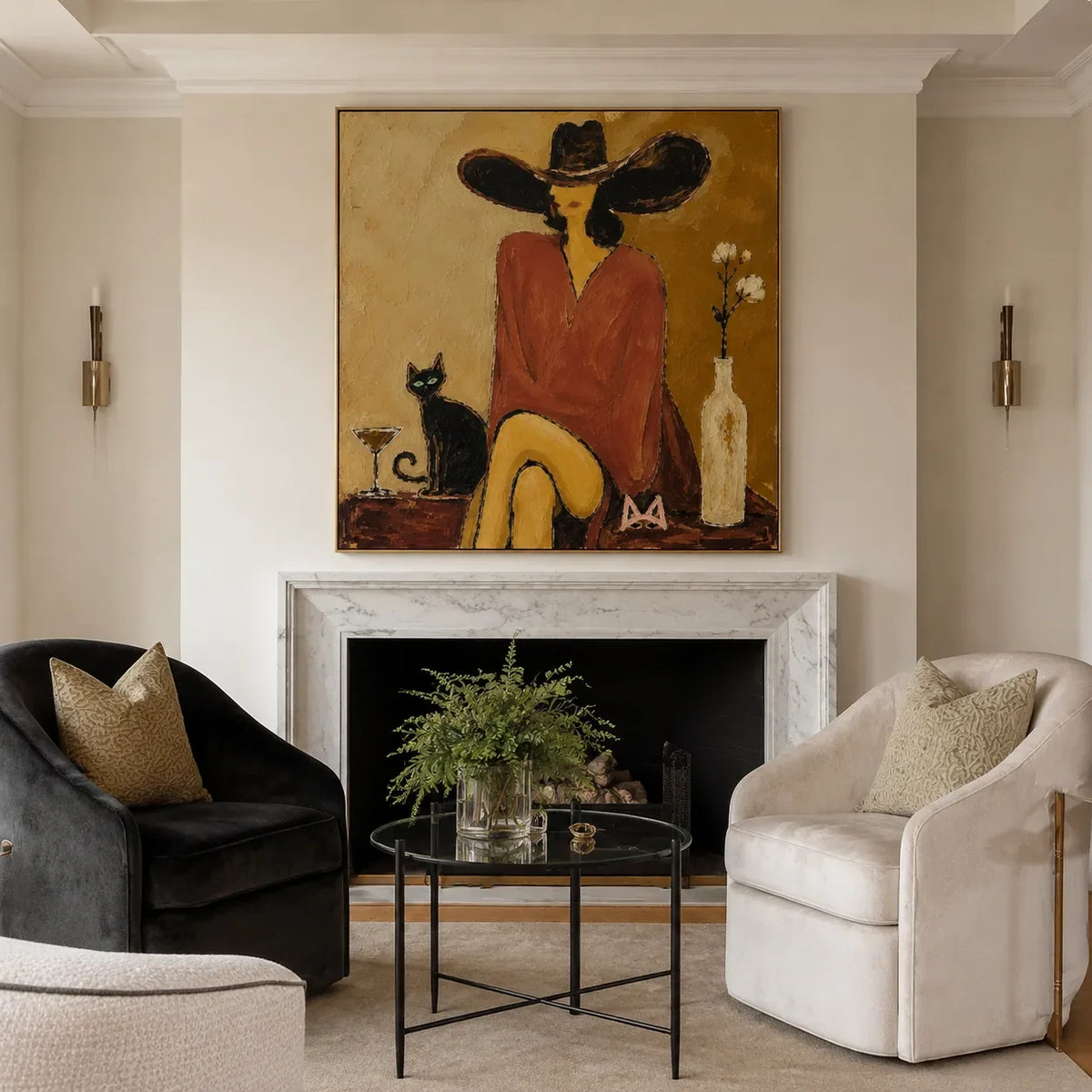 Burgundy Hat Figure Wall Art styled interior scene 4 | Olyrel