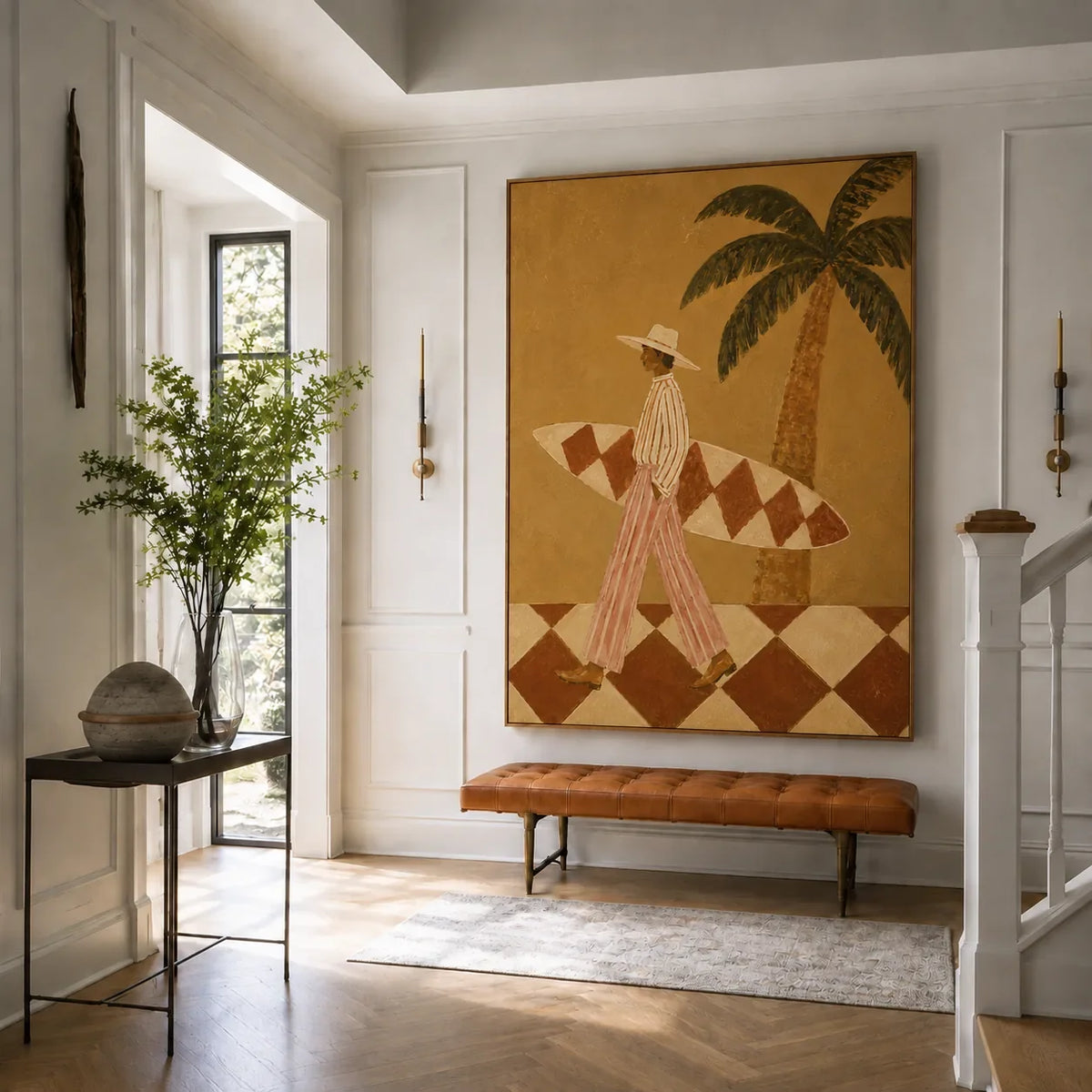 Golden Palm Surfer Wall Art styled interior scene 1 | Olyrel