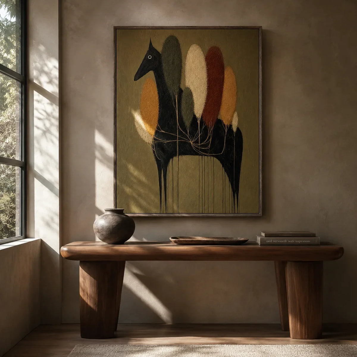 Midnight Grove Horse Wall Art shown in a calm bedroom setting | Olyrel
