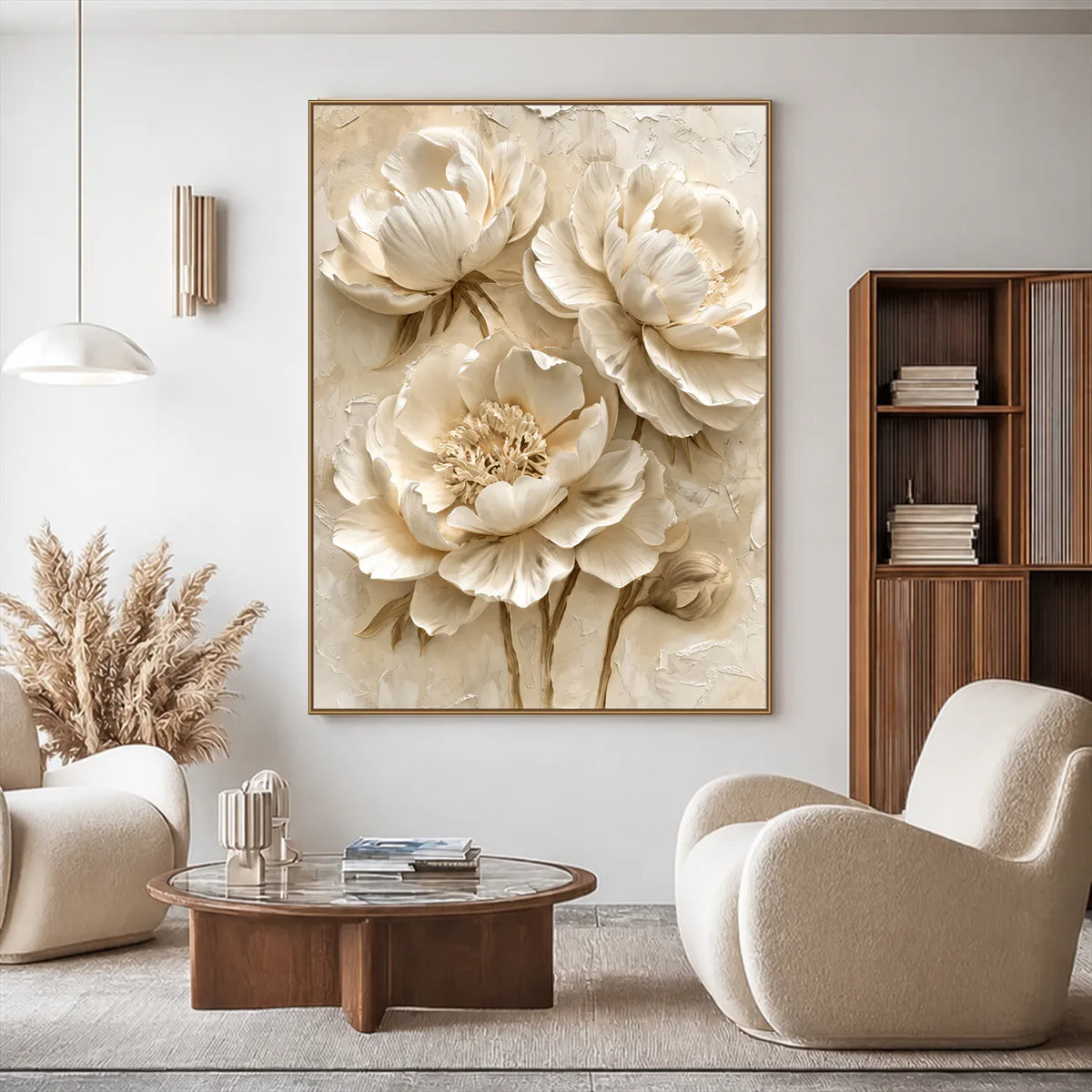 Ivory Peony Relief Wall Art styled interior scene 5 | Olyrel