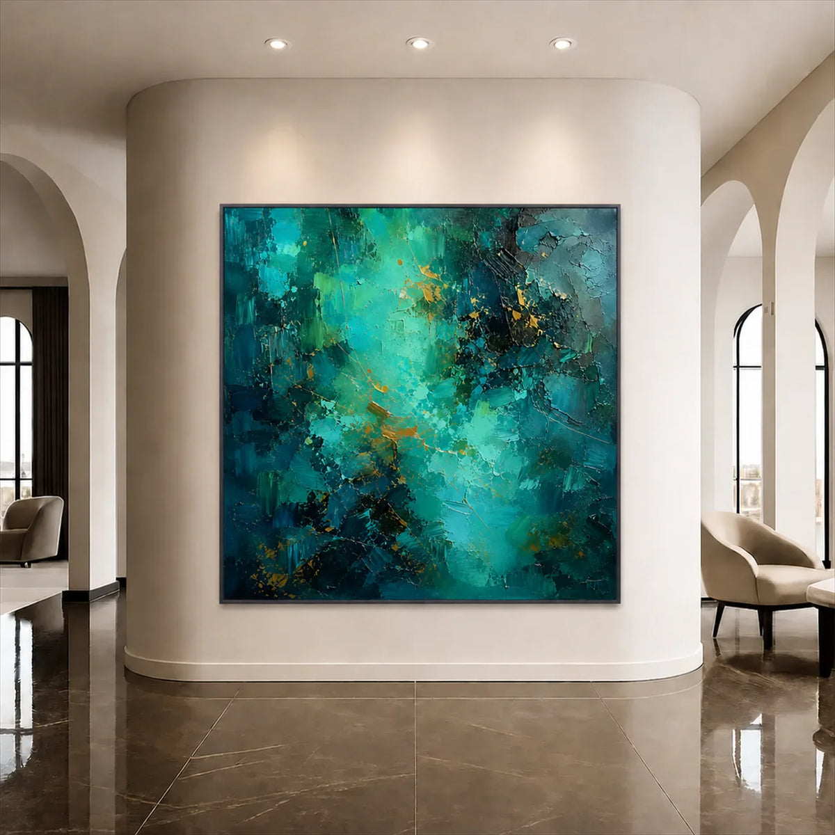 Emerald Current Abstract Wall Art styled interior scene 1 | Olyrel