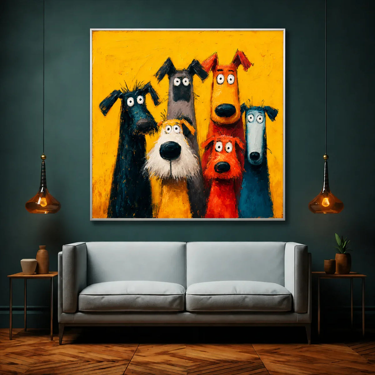 Yellow Dog Parade Wall Art styled interior scene 3 | Olyrel