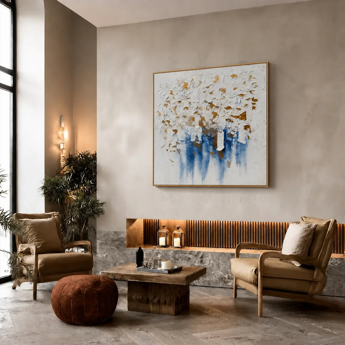 Gilded Blue Cascade Textured Wall Art styled interior scene 1 | Olyrel