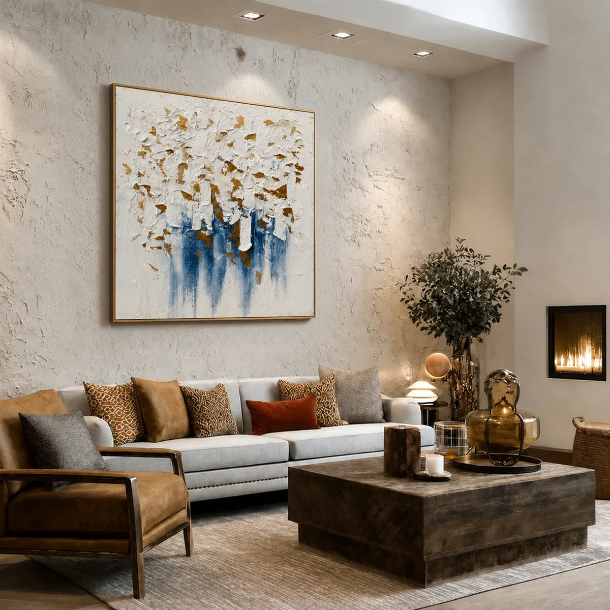 Gilded Blue Cascade Textured Wall Art styled interior scene 2 | Olyrel
