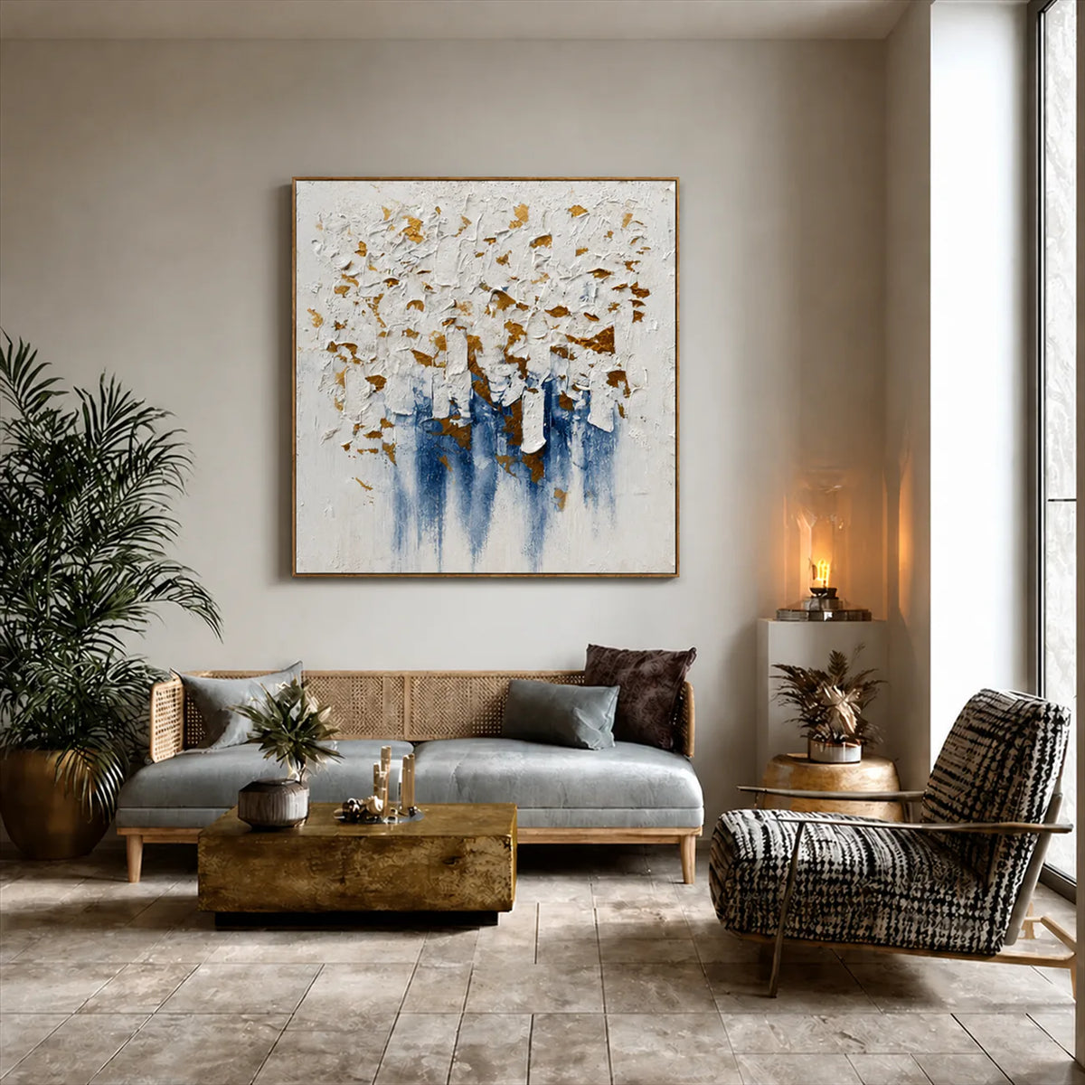 Gilded Blue Cascade Textured Wall Art styled interior scene 3 | Olyrel