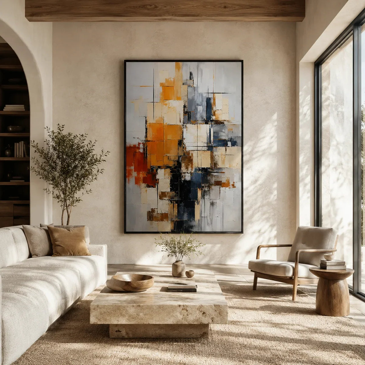 Amber Grid Abstract Wall Art styled in a modern living room | Olyrel