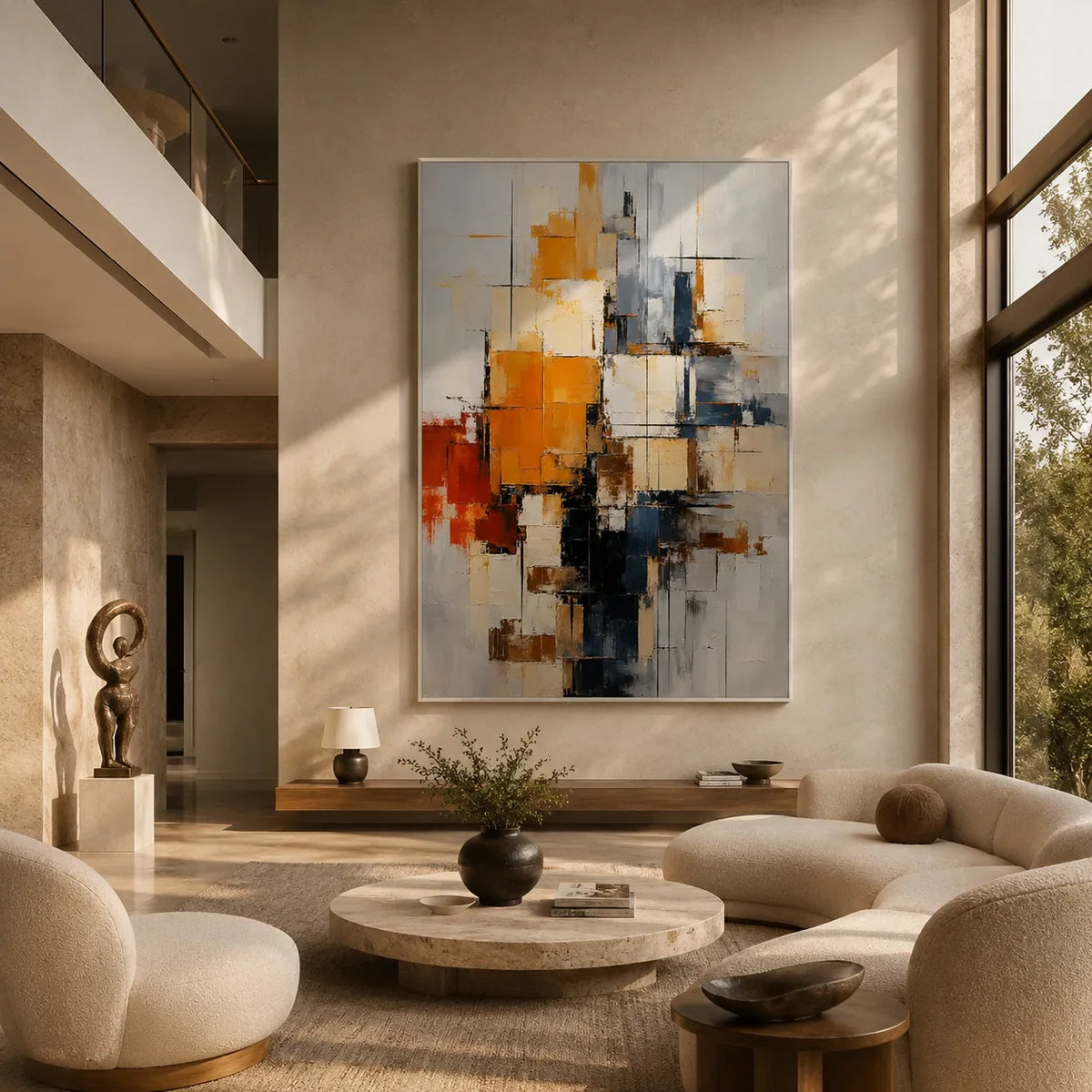Amber Grid Abstract Wall Art displayed above a sofa in a neutral interior | Olyrel
