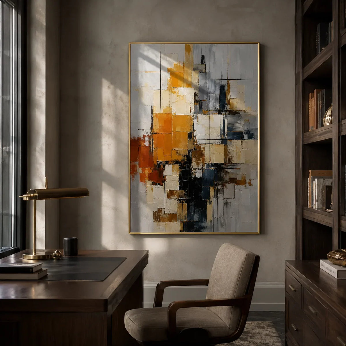 Amber Grid Abstract Wall Art shown in a quiet home office | Olyrel