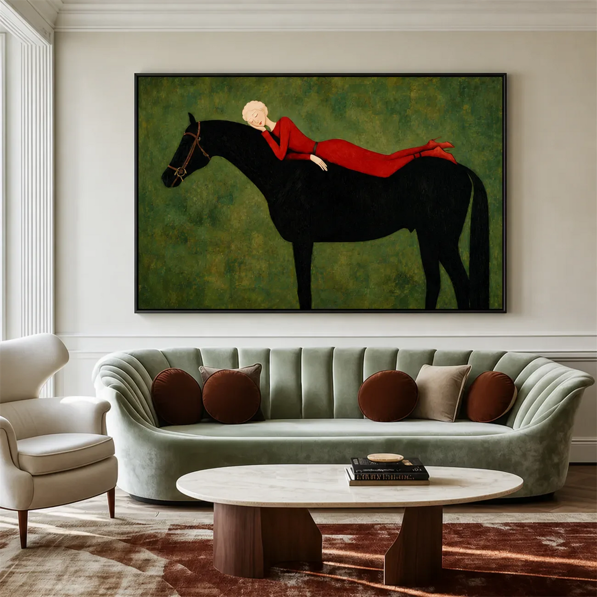 Crimson Repose Horse Wall Art styled interior scene 2 | Olyrel
