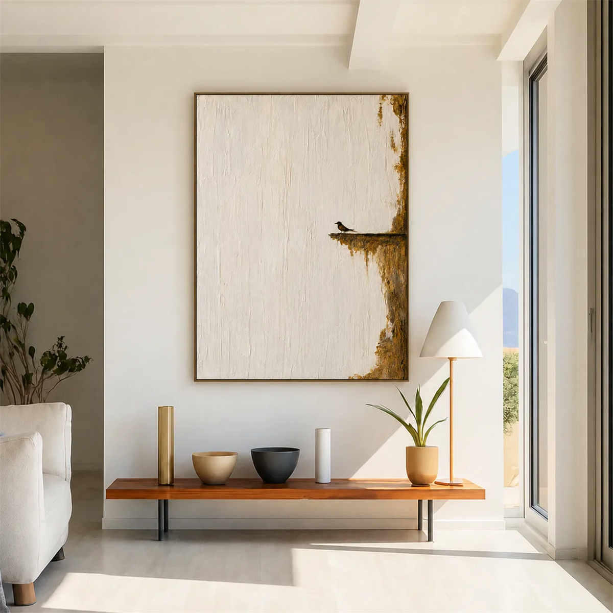 Quiet Perch Textured Wall Art styled interior scene 3 | Olyrel