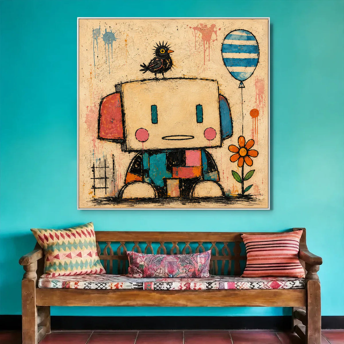 Patchwork Robot Folk Wall Art styled interior scene 1 | Olyrel