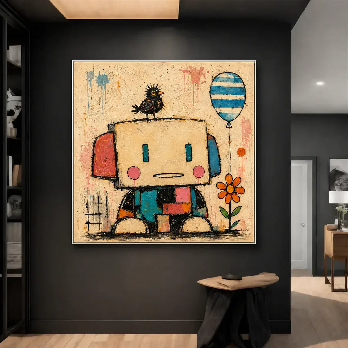 Patchwork Robot Folk Wall Art styled interior scene 4 | Olyrel