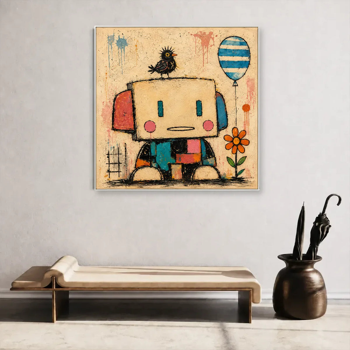 Patchwork Robot Folk Wall Art styled interior scene 5 | Olyrel