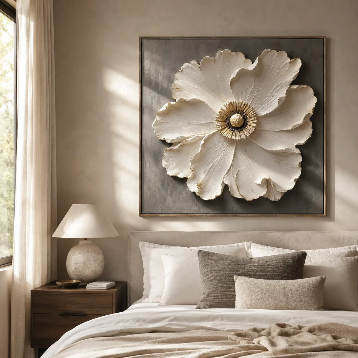 Ivory Bloom Floral Wall Art styled in a modern living room | Olyrel