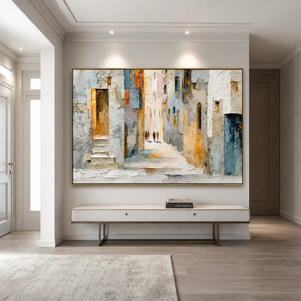 Sunlit Alley Textured Cityscape Wall Art styled interior scene 3 | Olyrel