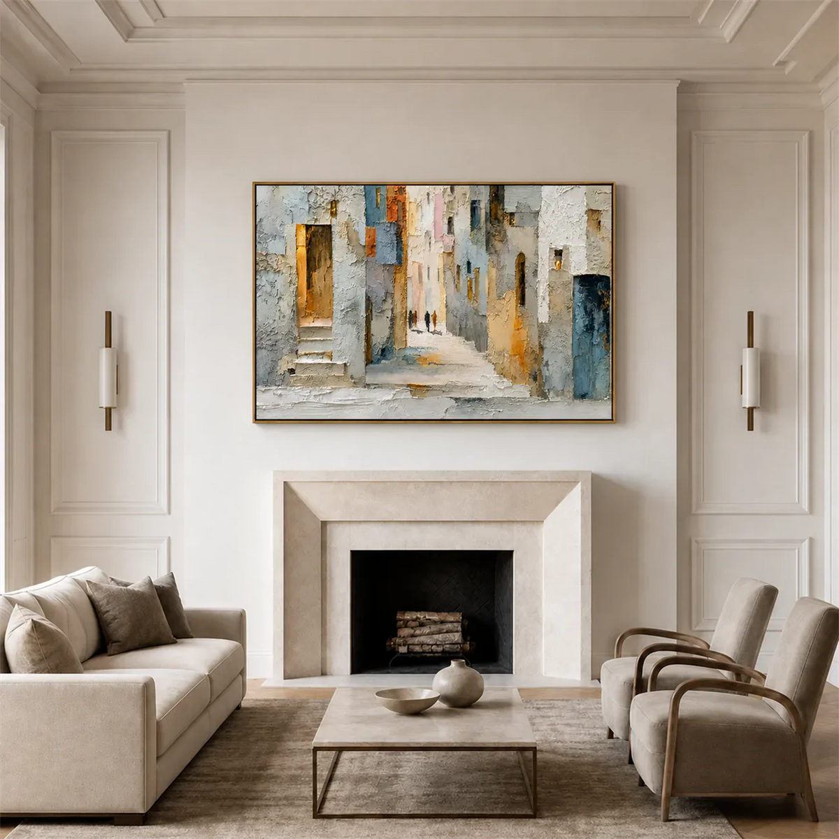Sunlit Alley Textured Cityscape Wall Art styled interior scene 4 | Olyrel