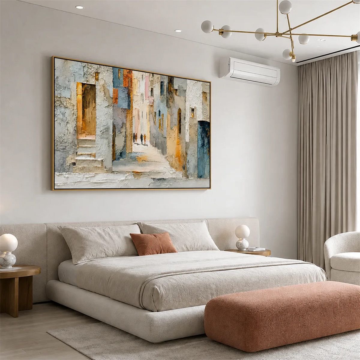 Sunlit Alley Textured Cityscape Wall Art styled interior scene 5 | Olyrel