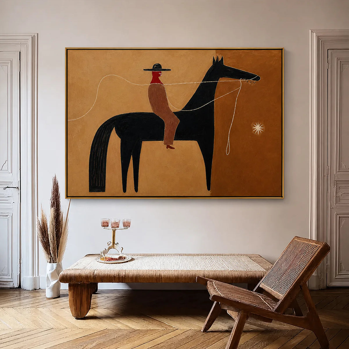 Ochre Lasso Rider Horse Wall Art styled interior scene 1 | Olyrel