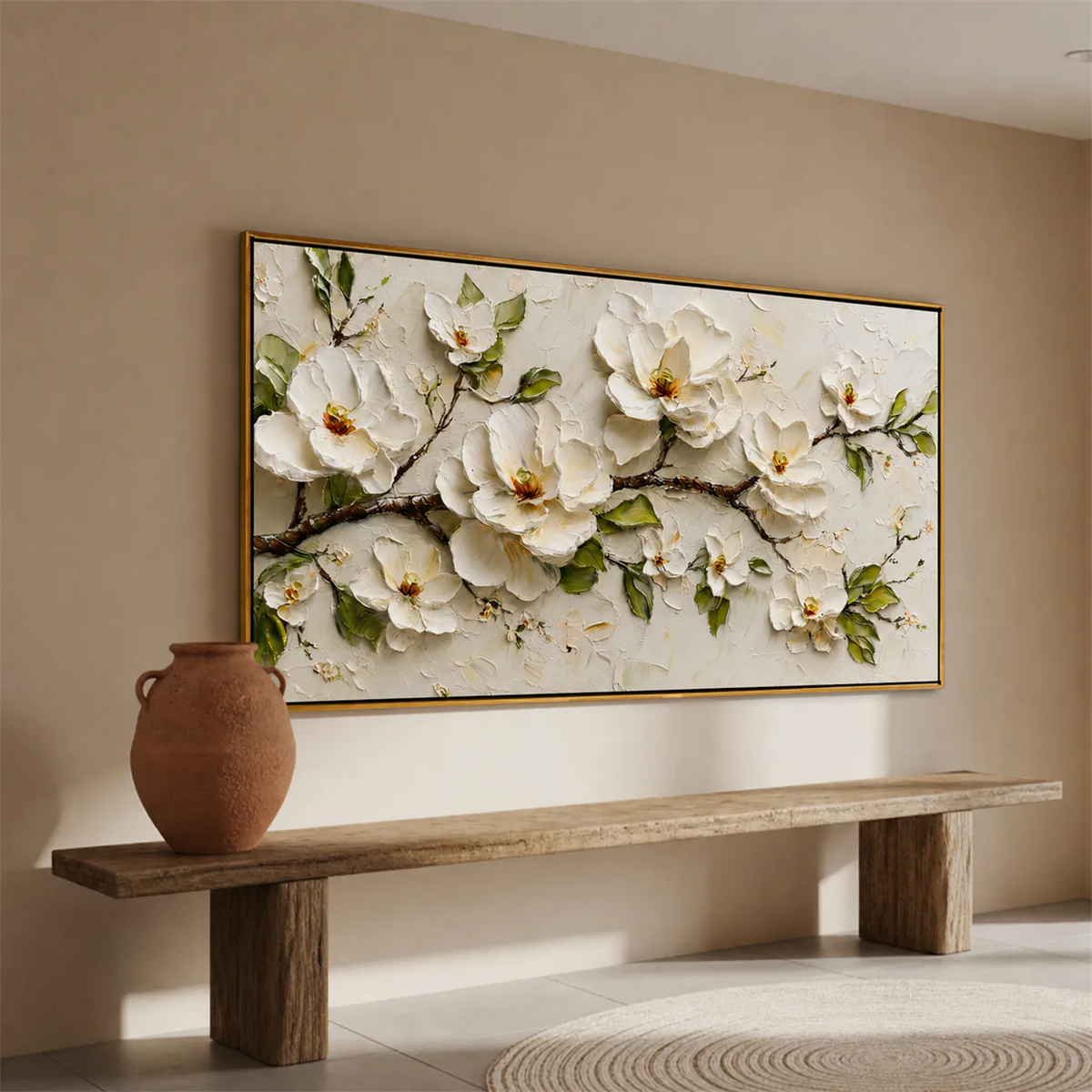 Ivory Magnolia Branch Textured Wall Art styled interior scene 3 | Olyrel