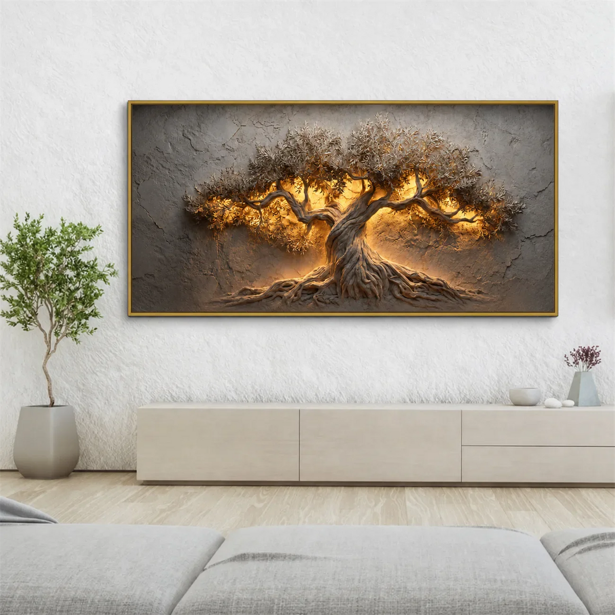 Golden Olive Tree Panoramic Wall Art styled interior scene 4 | Olyrel