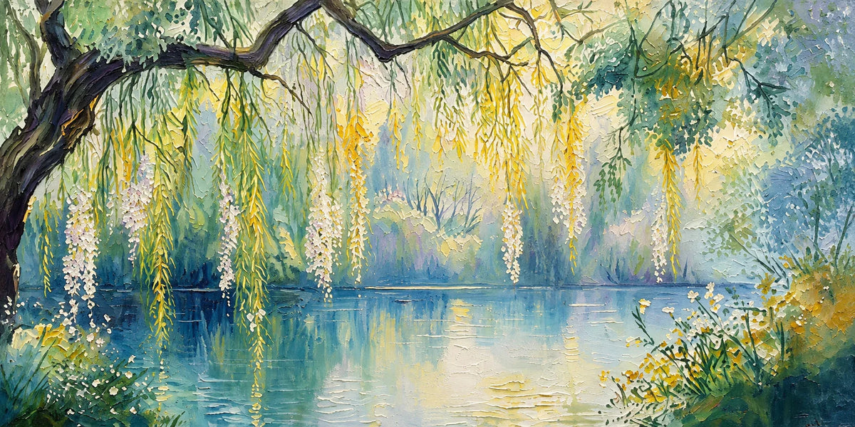 Sunlit Willow Lake Panoramic Wall Art artwork view | Olyrel