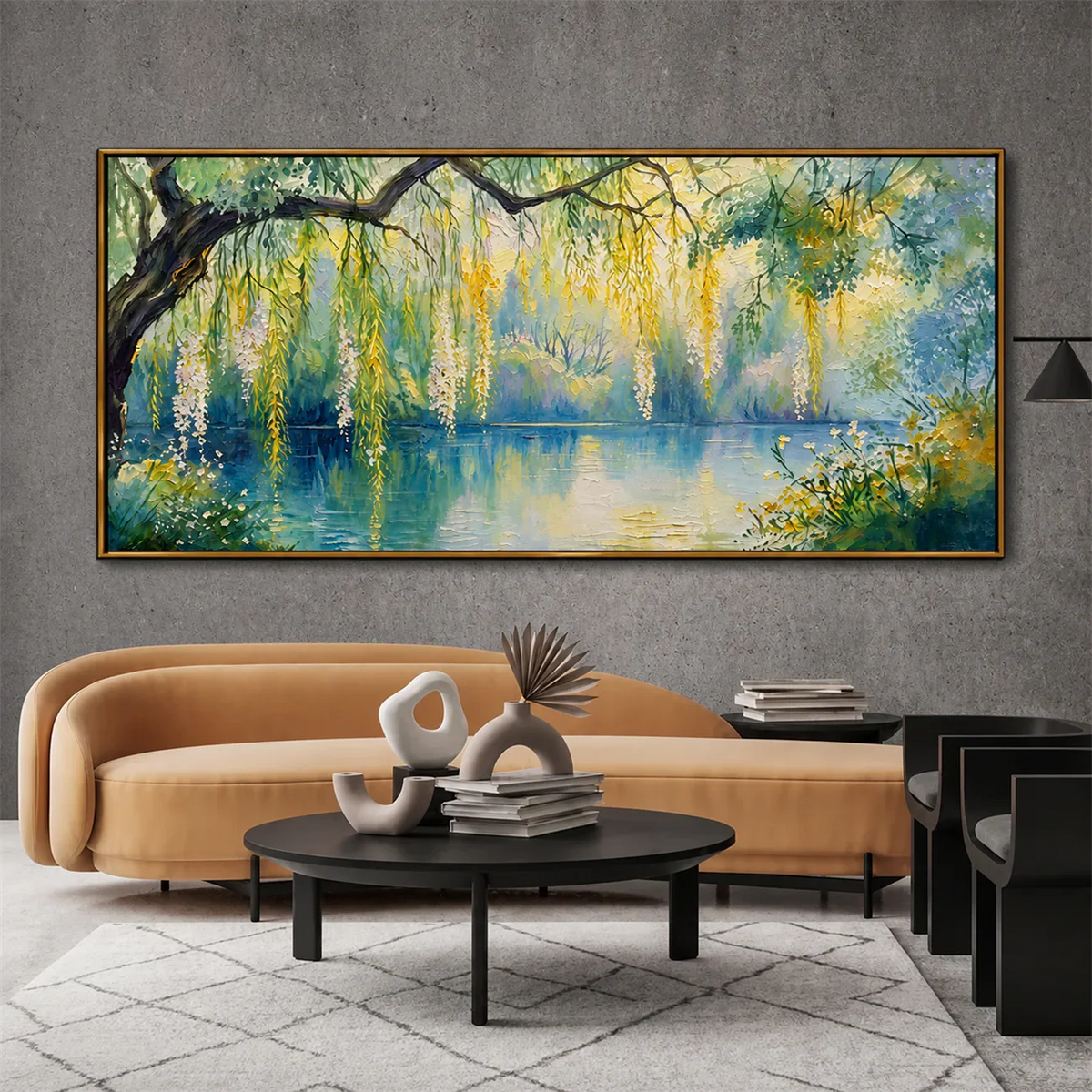 Sunlit Willow Lake Panoramic Wall Art styled interior scene 1 | Olyrel