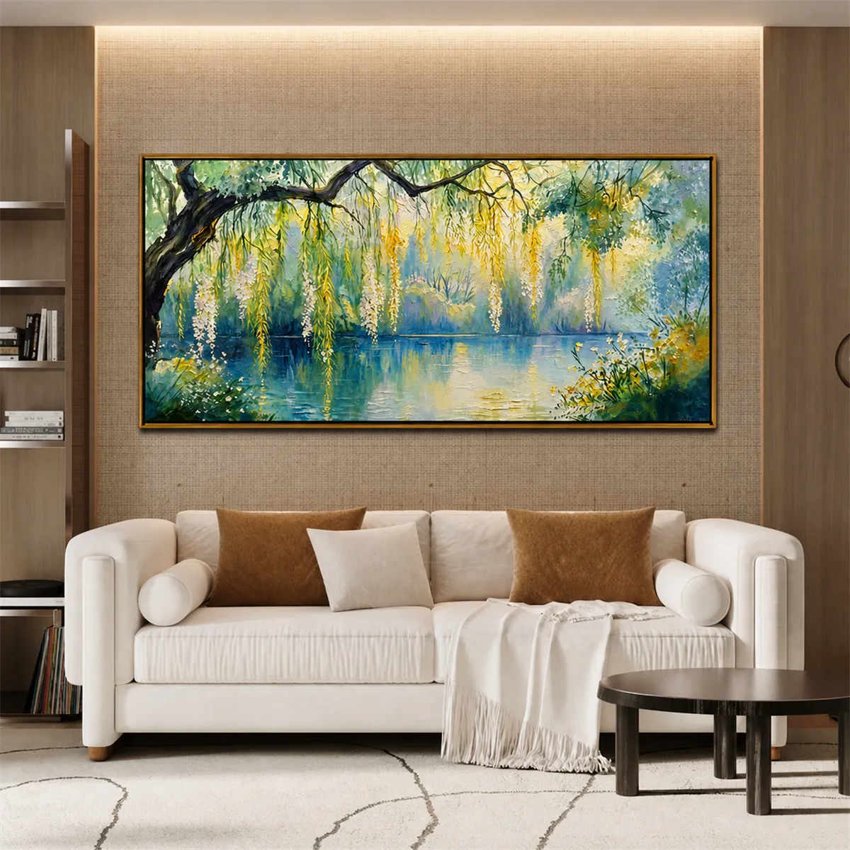 Sunlit Willow Lake Panoramic Wall Art styled interior scene 2 | Olyrel
