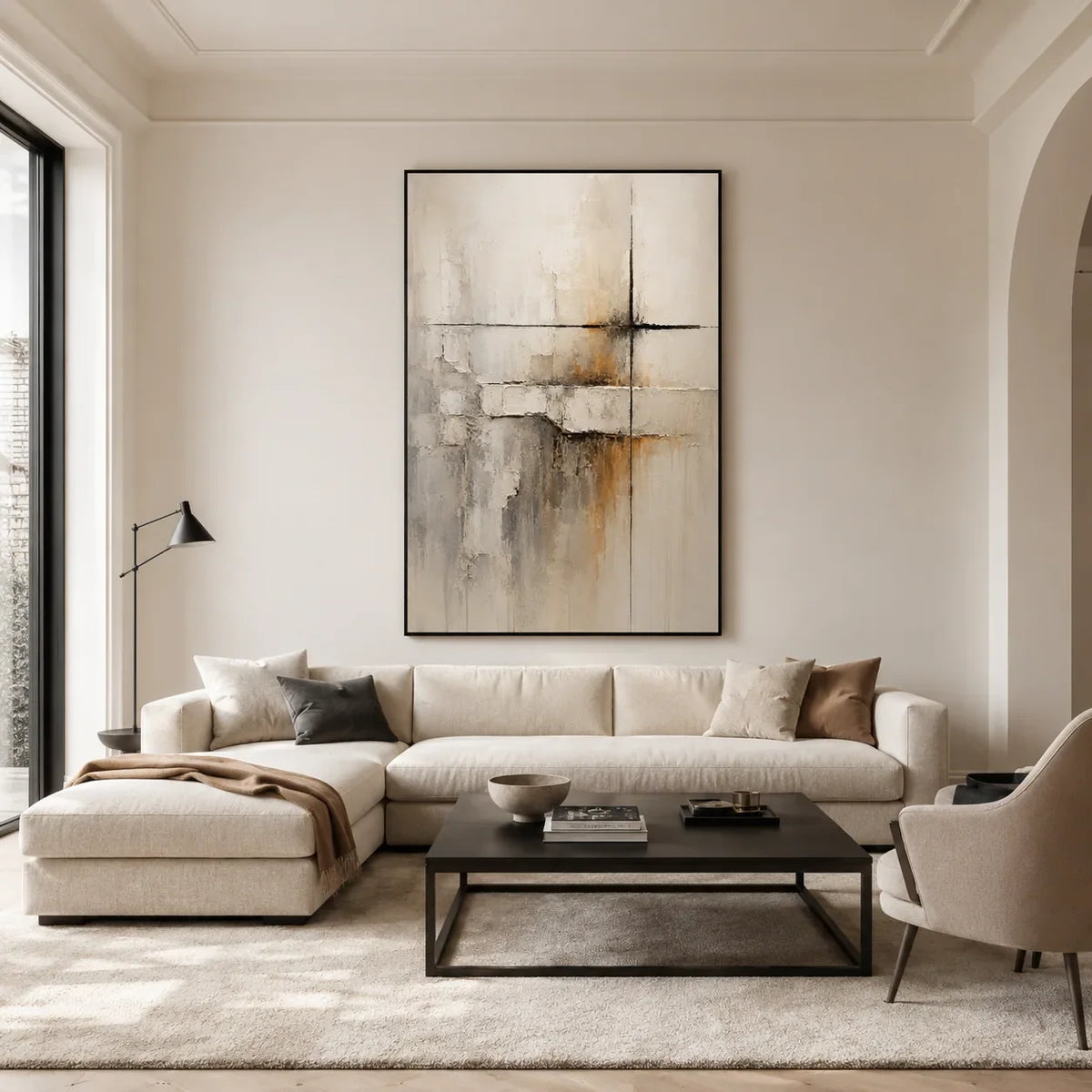 Quiet Cross Abstract Wall Art displayed above a sofa in a neutral interior | Olyrel