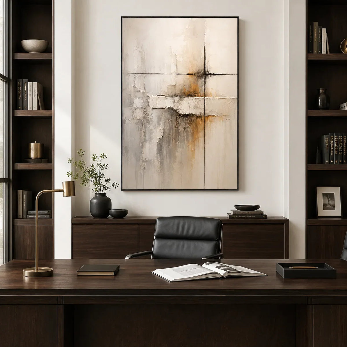 Quiet Cross Abstract Wall Art shown in a quiet home office | Olyrel