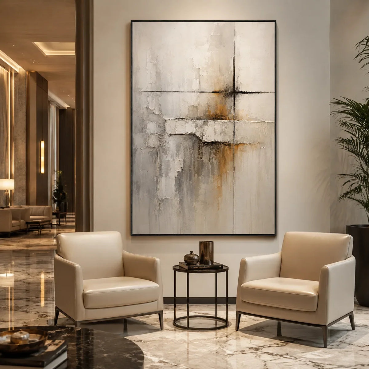 Quiet Cross Abstract Wall Art displayed in a bright dining room | Olyrel