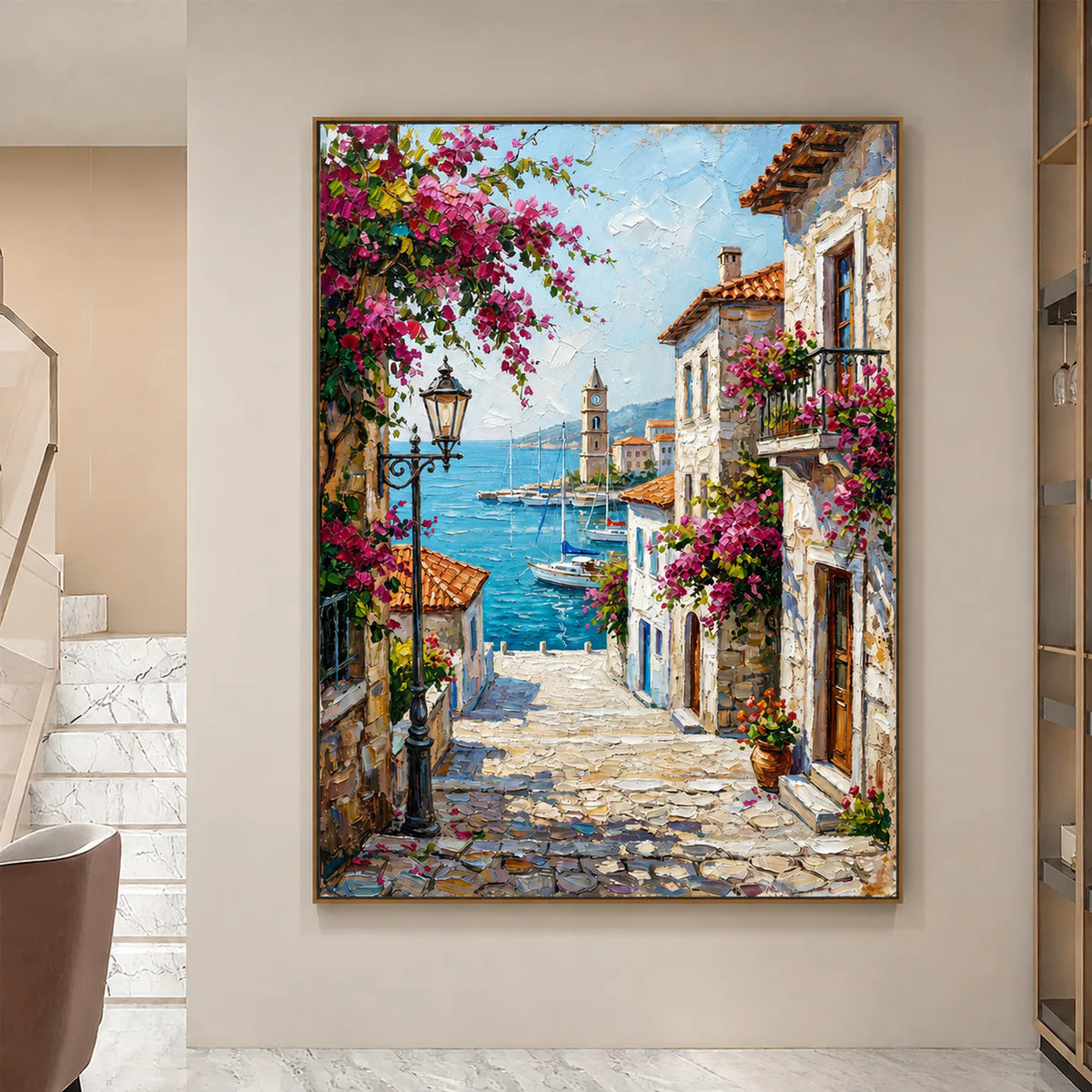 Bougainvillea Harbor Cityscape Wall Art styled interior scene 1 | Olyrel