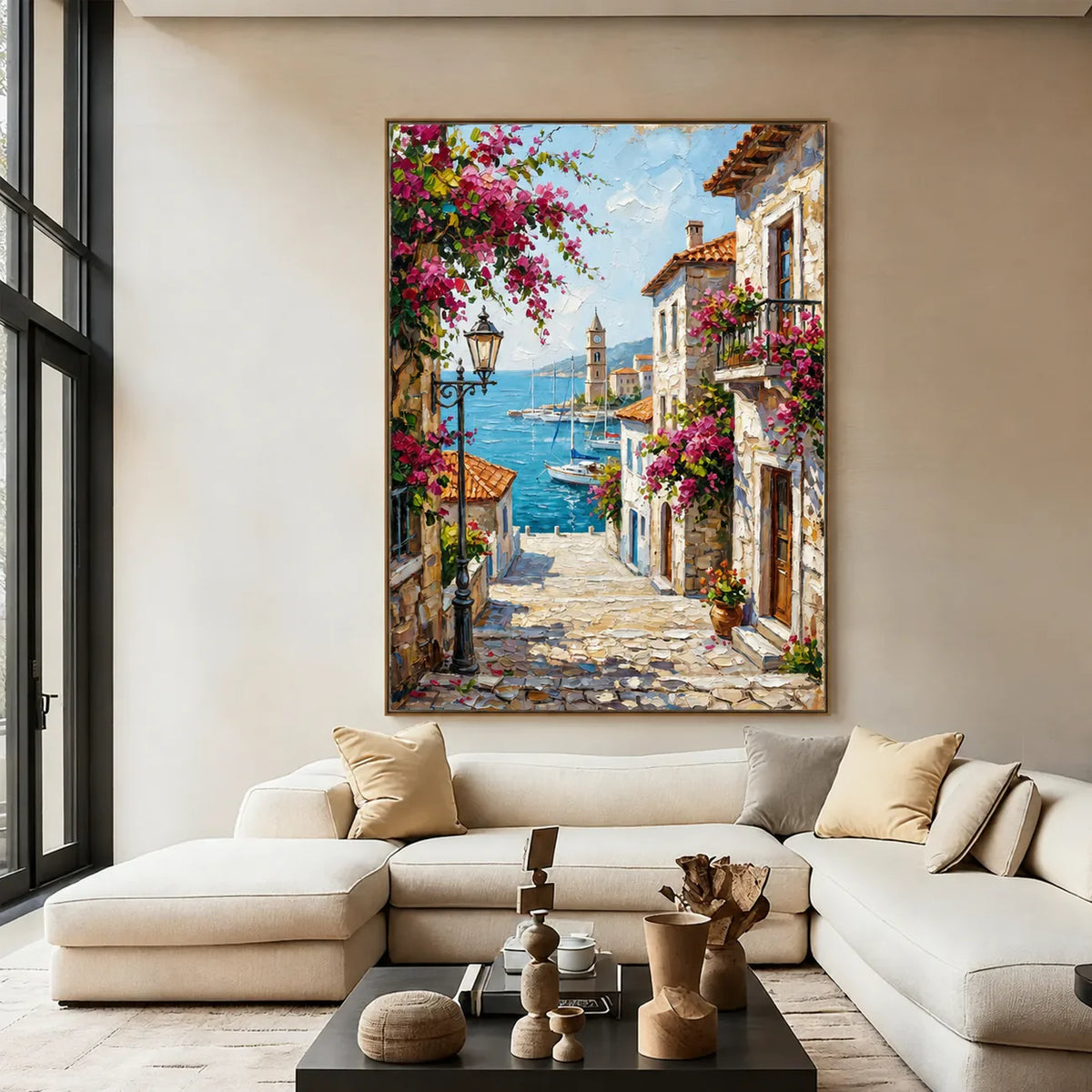 Bougainvillea Harbor Cityscape Wall Art styled interior scene 2 | Olyrel